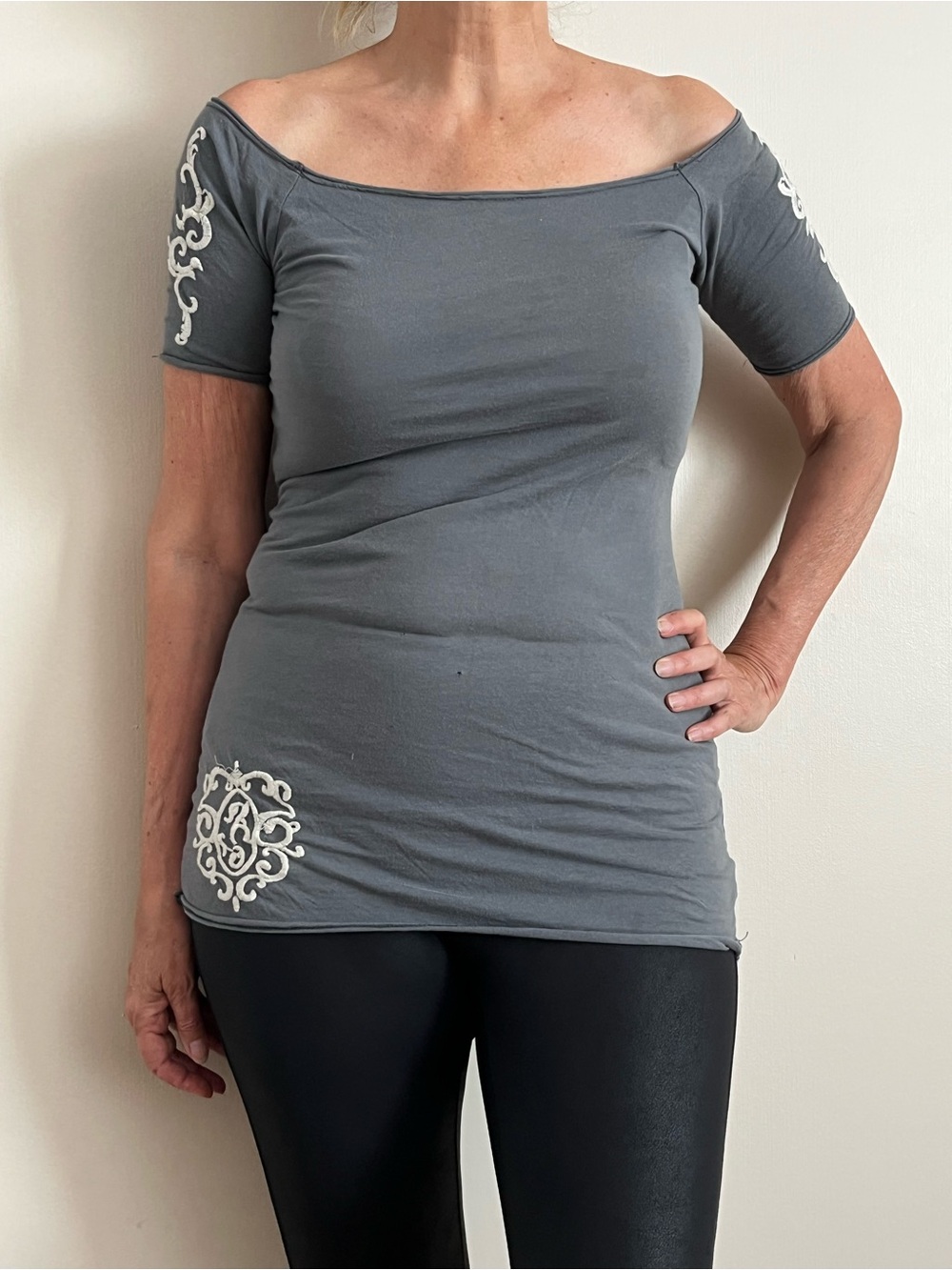 Off-the-Shoulder Gray Embroidered Womens Tunic Top